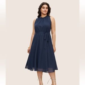 BloomChic Plain Sleeveless Frill Trim Pocket Belted Mock Neck Dress